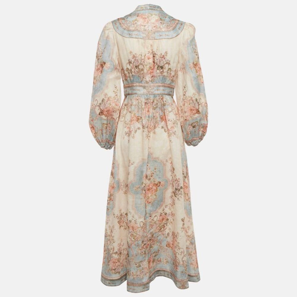 Zimmermann Beige /blue Printed Linen Plunge August Midi Dress M - Picture 2 of 5